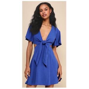 Lulus Dress Womens Medium Perfect Day for Love Linen Blend Cutout Tie-Front Mini